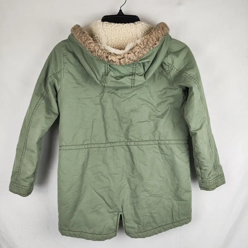 OshKosh B'gosh Jacket Youth 10-12 Green Hooded Sherpa Lined Canvas Parka Coat